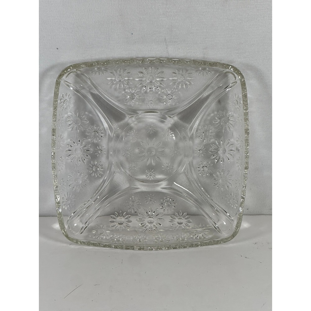 Vintage Clear Pressed Glass Daisy Floral Square Serving Platter Scalloped Rim 6"